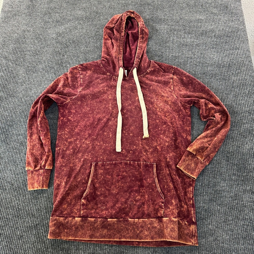 Zana Signature Womens Acid Wash Hoodie Large Burgundy Mineral Wash Distressed